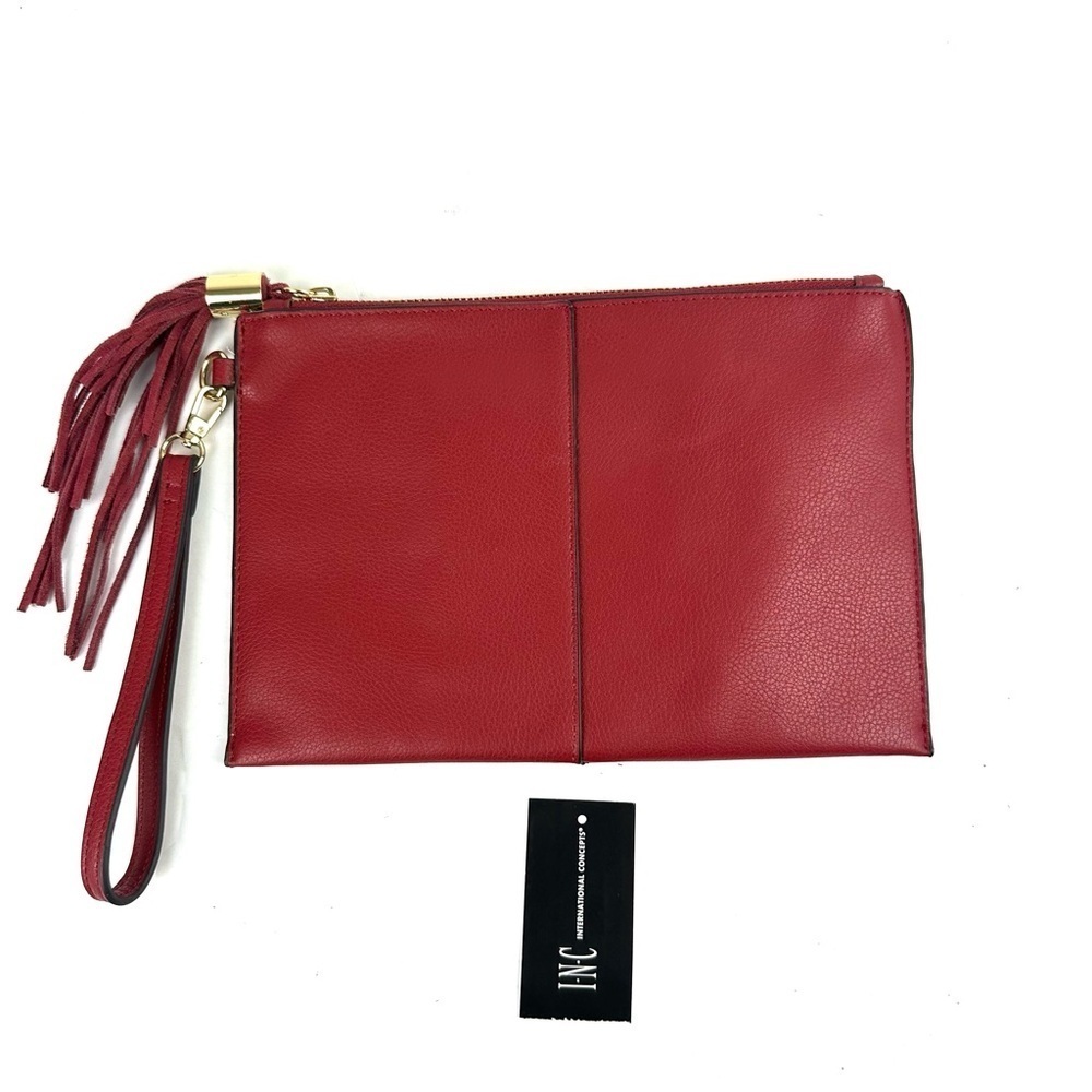 INC Molyy Pouch Crimson‎ Red Faux Leather Tassel Clutch Wristlet Brand New